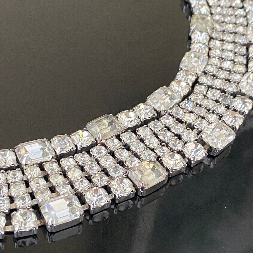 Weiss Signed Vintage Rhinestone Wide Five Row Statement Bracelet W/ Safety Chain - Picture 8 of 9